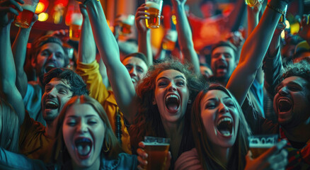 A group of friends cheering and laughing while watching sports in a bar, holding beer glasses with their hands up, enjoying each other's company together on game night - obrazy, fototapety, plakaty