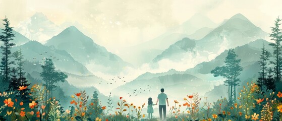 Modern illustration of a father, mother and newborn baby on a background of green nature, mountains and forest landscape with flowers. - obrazy, fototapety, plakaty