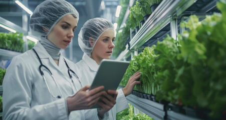  food engineers wearing white coats and hair covers on their heads, standing in front of an indoor farm with green plants growing inside transparent plastic boxes