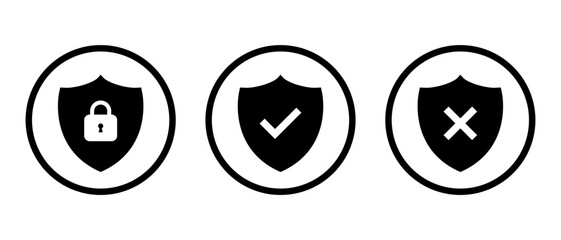 Shield with padlock, checkmark, and cross mark icon. Security shields concept
