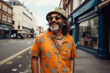 Handsome bearded Indian man in orange shirt and hat walking in the city