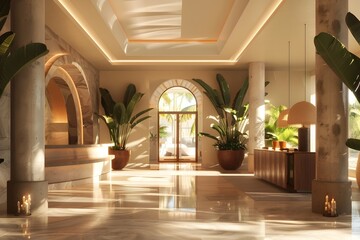 Fototapeta na wymiar Hotel Sanctuary: An Elegant Lobby and Comfortable Guest Room Retreat for Travelers