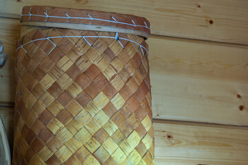 Rustic products made of birch bark. Containers for storing birch bark products. Folk crafts of the...