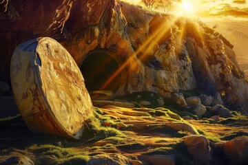 Resurrection Dawn at Christ's Empty Tomb. Easter Sunday Illustration - Christ is Risen.
