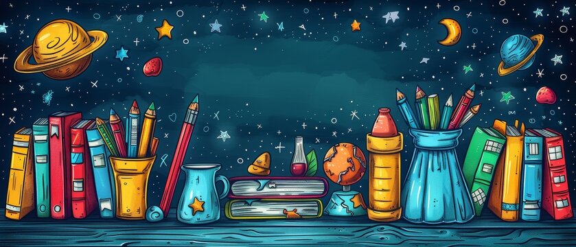 Here's a super cute set of modern illustrations that will be perfect for a poster, banner or card. There are objects such as: a background, a school, a desk with lessons, stationery, books,