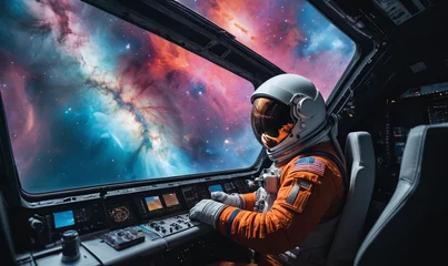 Foto op Canvas cockpit of a spacecraft, a lone astronaut gazes out the window at the breathtaking sight of a nearby nebula, vibrant colors swirling in the vastness of space, accompanied by a mix of excitement and se © rodrigo