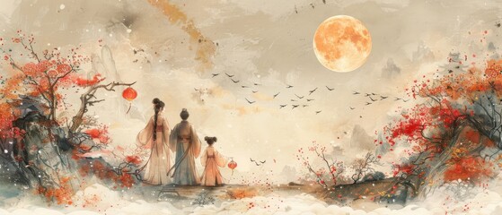 Modern illustration of a happy family celebrating the Chinese mid-autumn festival. Children, parents, moon, trees, clouds, rabbits, and moons are shown in the drawing.