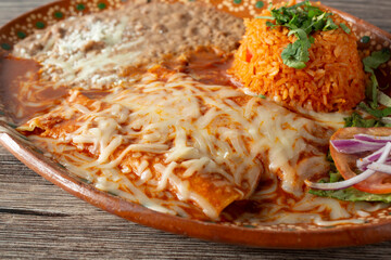 A closeup view of an enchiladas plate.