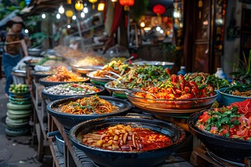 Fototapeta premium Curious Travelers Uncover Hidden Culinary Gems: A Cultural Food