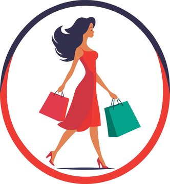 Fashionable elegant woman carrying shopping bags after a successful shopping trip. In her hands you can see bright bags on which you can add your logos
