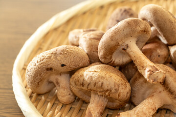 竹ザルに盛られたしいたけ
