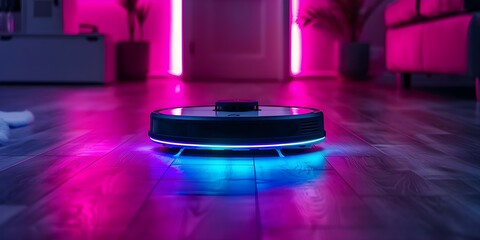 Modern robot vacuum with neon lights cleaning floor with advanced technology. Concept Robot vacuum, Technology, Neon lights, Cleaning, Modern