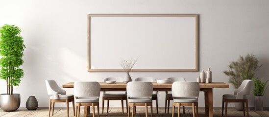 In the dining area, a sizable picture frame is mounted on the wall above a table for meals