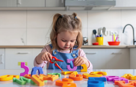 A little girl is sitting at the table playing with colorful plastic numbers, holding scissors in her hand and happily placing them on top of each letter to cut out shapes from paper