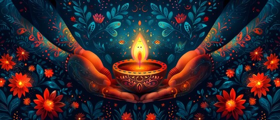The Indian festival of lights. Modern abstract flat illustration for the holiday, lights, hands, Indian people, women, and other objects for background or poster. - obrazy, fototapety, plakaty