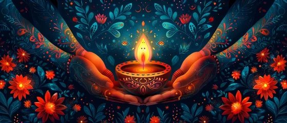 Foto op Plexiglas The Indian festival of lights. Modern abstract flat illustration for the holiday, lights, hands, Indian people, women, and other objects for background or poster. © DZMITRY