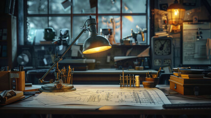 A well-organized vintage workspace illuminated by a classic desk lamp, featuring engineering blueprints, drafting tools, and various neatly arranged office supplies.