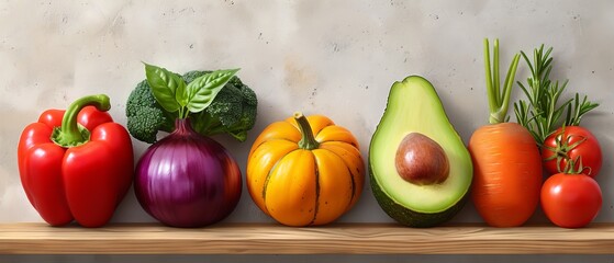 Various vegetables illustrated with modern files: tomato, beet, bay leaf, pepper, eggplant, cucumber, broccoli, carrot, pumpkin, avocado, onion, and rosemary. - obrazy, fototapety, plakaty