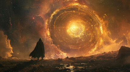 A cloaked figure stands before a vast cosmic event, a swirling galaxy-like vortex illuminates an otherworldly landscape with rocks and a fiery sky.