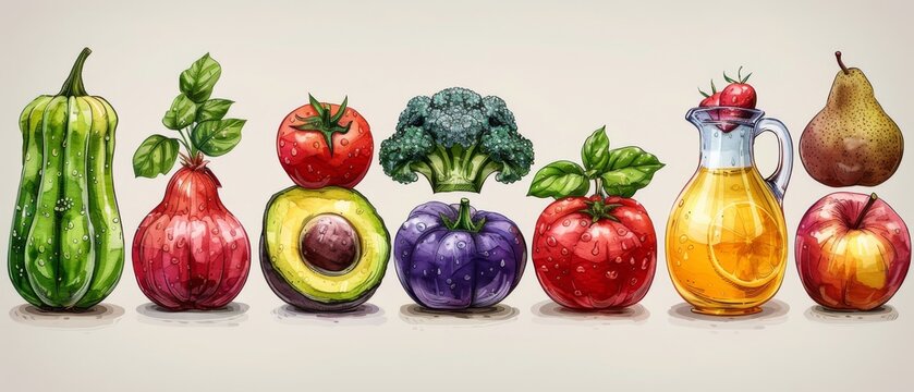 Modern illustrations of food and vegetables: dishes, kiwi, broccoli, pumpkin, eggplant, avocado, pear, tomato, teapot, still life, etc. Illustrations for posters, cards, and backgrounds.