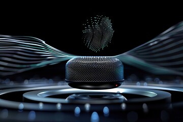 powerful sound particle waves are emitted from the bottom of a tiny speaker floating in air, sound wave visual effect, particle waves, visualizing audio - obrazy, fototapety, plakaty