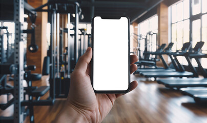mockup hand holding a smartphone with transparent background with a gym blurred in the back   - obrazy, fototapety, plakaty