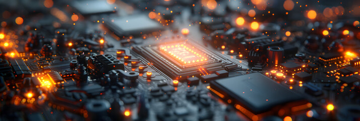 Technology-Themed 3D Illustration,
Computer motherboard with a cpu processor in the shape of an abstract digital city extreme closeup 