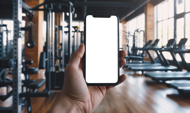 mockup hand holding a smartphone with transparent background with a gym blurred in the back  