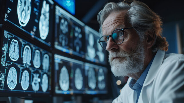 A focused male radiologist examines brain scans displayed on monitors in a dimly lit diagnostic room