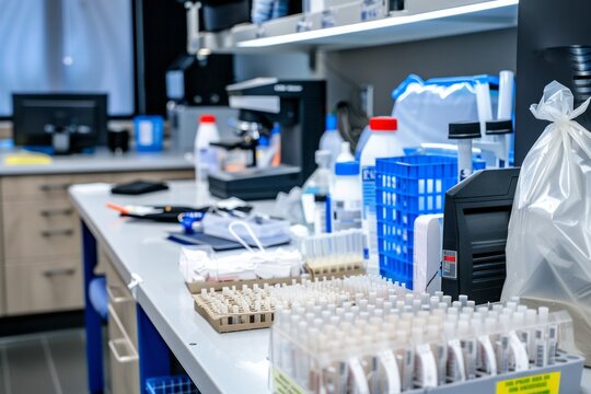 A forensic laboratory with fingerprint analysis equipment, DNA profiling tools, and evidence bags labeled with case numbers, Generative AI