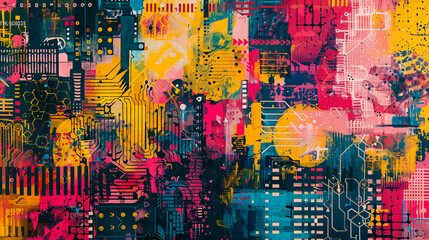 Urban Artistic Expression, Colorful Abstract Cityscape with Grunge Texture