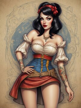A tattooed pin-up style woman poses in a corset and skirt with a vintage backdrop