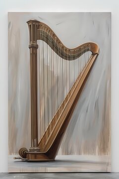  Oil painting of Harp Classical music instrument, set against a minimalist soft grey background,art work for wall art, home decor and wallpaper 