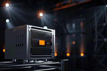 Create a 3D rendering of a Network Video Recorder server with a small orange light on the front, set against a dark background with dramatic lighting and spotlights