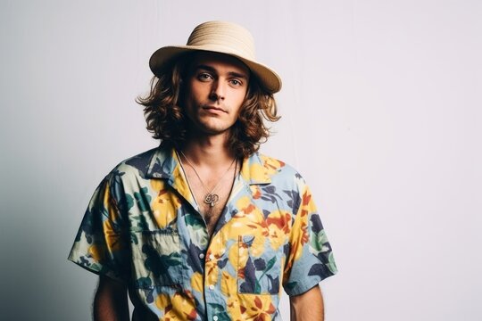 Handsome young man in a summer shirt and hat. Studio shot.