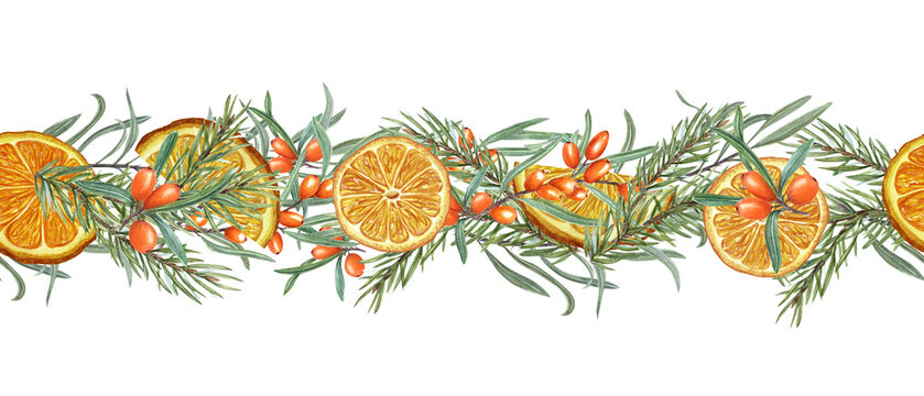 Orange, sea buckthorn and spruce branch. Seamless border of berry, fruit slice, greenery. Citrus, berries, evergreen. Ornate isolated on white. Watercolor illustration for textile, package