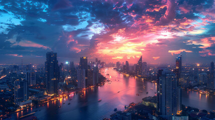 Obraz premium A vibrant cityscape at twilight with a dramatic skyline, illuminated skyscrapers, and a busy river reflecting the colorful hues of the sunset.