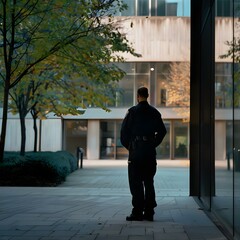 A security guard in a black uniform stands with his back turned, watching over a university campus. Concept 1, Security Guard.2, Black Uniform.3, University Campus.4, Surveillance.5, Protection