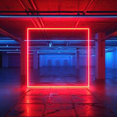 cinematic, red neon square, with empty garage, render, blue light