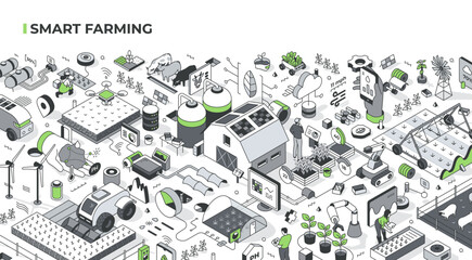 Smart farming isometric illustration showcase innovative farming techniques: robotics, autonomous vehicle, remote control, drones usage, AI , and weather monitoring. Modern agriculture practices
