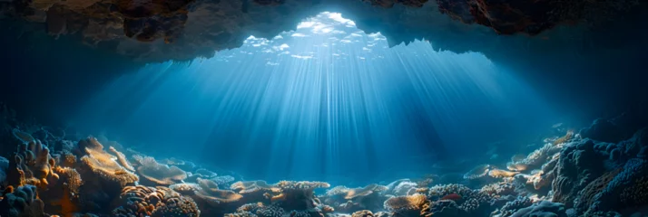 Fotobehang Underwater View of a Cave with Light Shining Through , Deep underwater cave with rocks and reefs diving next to tropical island  © sanjaykhan