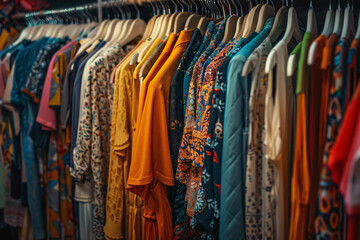 close up of colorful dresses in second hand shop