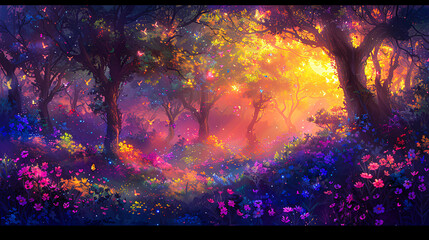 Enchanted Forest Landscape, Artistic Rendering of Trees and Light, Fantasy Art