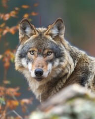Naklejka na ściany i meble Wolf in telescopic lens, crosshairs, forest background, photography style, rich colors and details, 8K, UHD