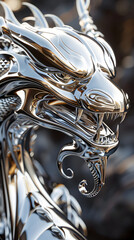 かっこいい銀色メタルの龍の顔、縁起の良い置物