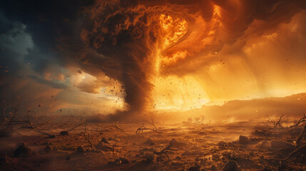 A digital representation of a catastrophic scene with a massive tornado and fiery sky above a desolate landscape, depicting chaos and destruction. - obrazy, fototapety, plakaty