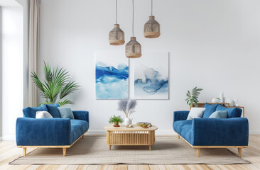 A bright living room with white walls, a blue armchair and sofa on the right side of the frame, a wooden coffee table in front of it, a hanging pendant light above the chair