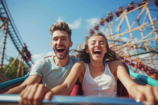happy couple riding a roller coaster