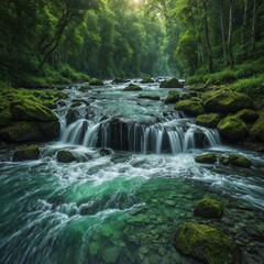 Fototapeta premium a small waterfall in the middle of a lush green forest. generative ai
