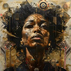 Futuristic African Queen with Steampunk Elements. Portrait in Digital Art Style, Ideal for Modern Decor. A Blend of Tradition and Technology. AI